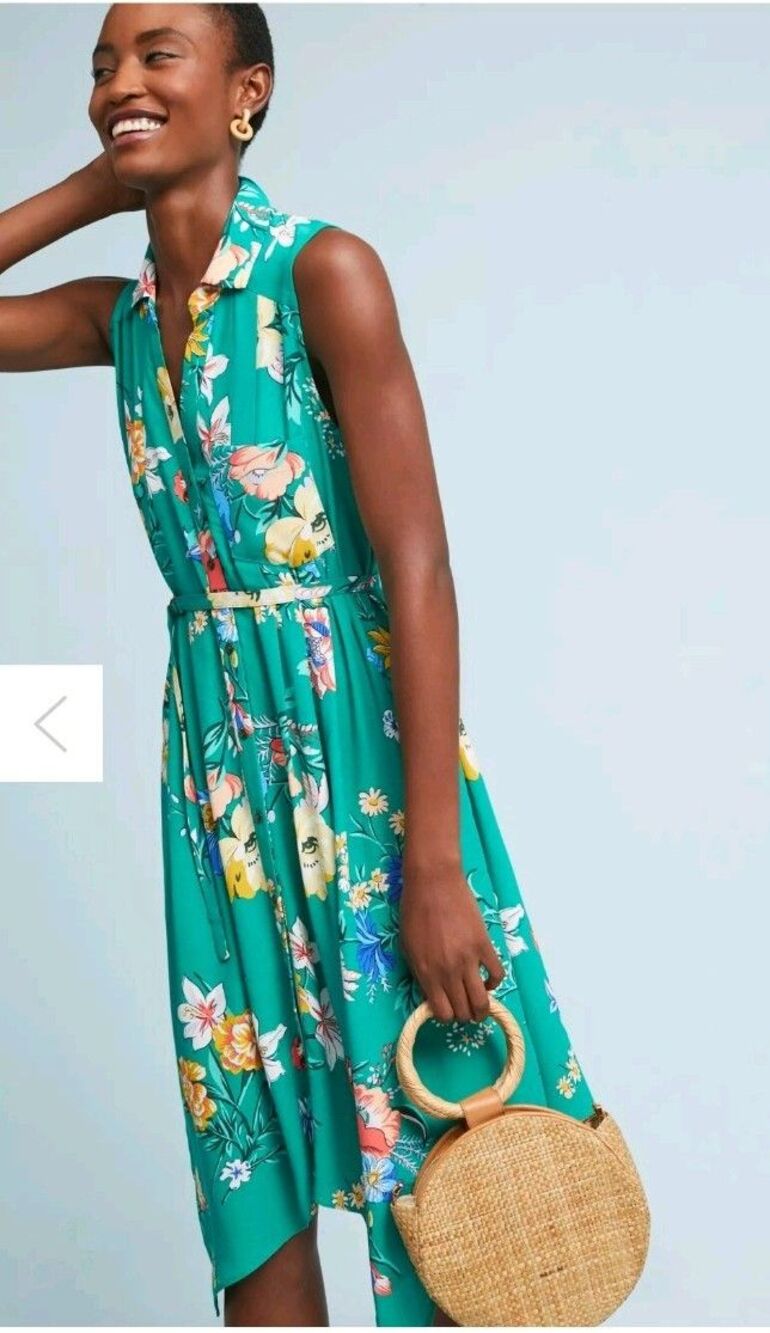 Maeve Anthropologie Rory Shirtdress Green Floral Sleeveless Belted Women's 0 J61